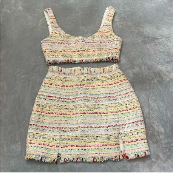NBD Shawna Tweed Pastel Crop Top & Mini Skirt Set S | Fringe Hem 2-Piece Outfit - Picture 2 of 10